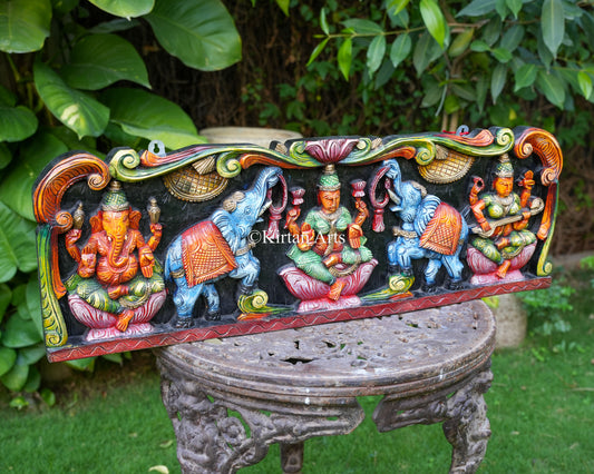 Hand-Carved "Divine Prosperity Trio" Wall Panel – Gajalakshmi, Ganesha & Saraswati | 36"