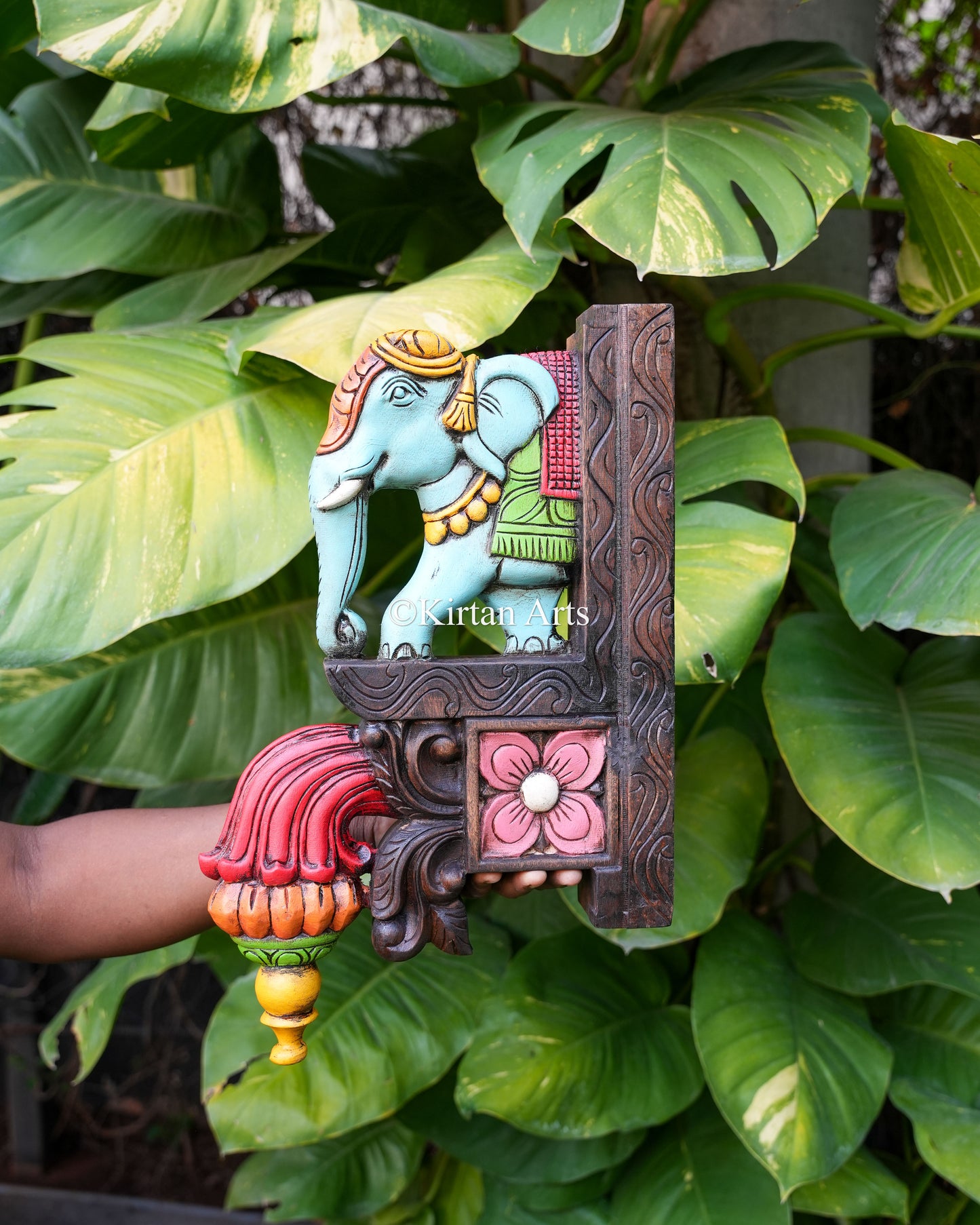 Hand-Carved Wooden Elephant Corbel Wall Bracket Pair | 18" | Watercolor