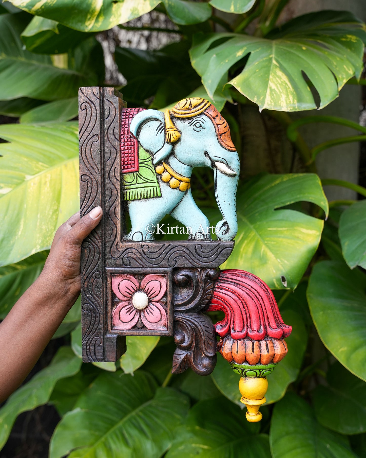 Hand-Carved Wooden Elephant Corbel Wall Bracket Pair | 18" | Watercolor