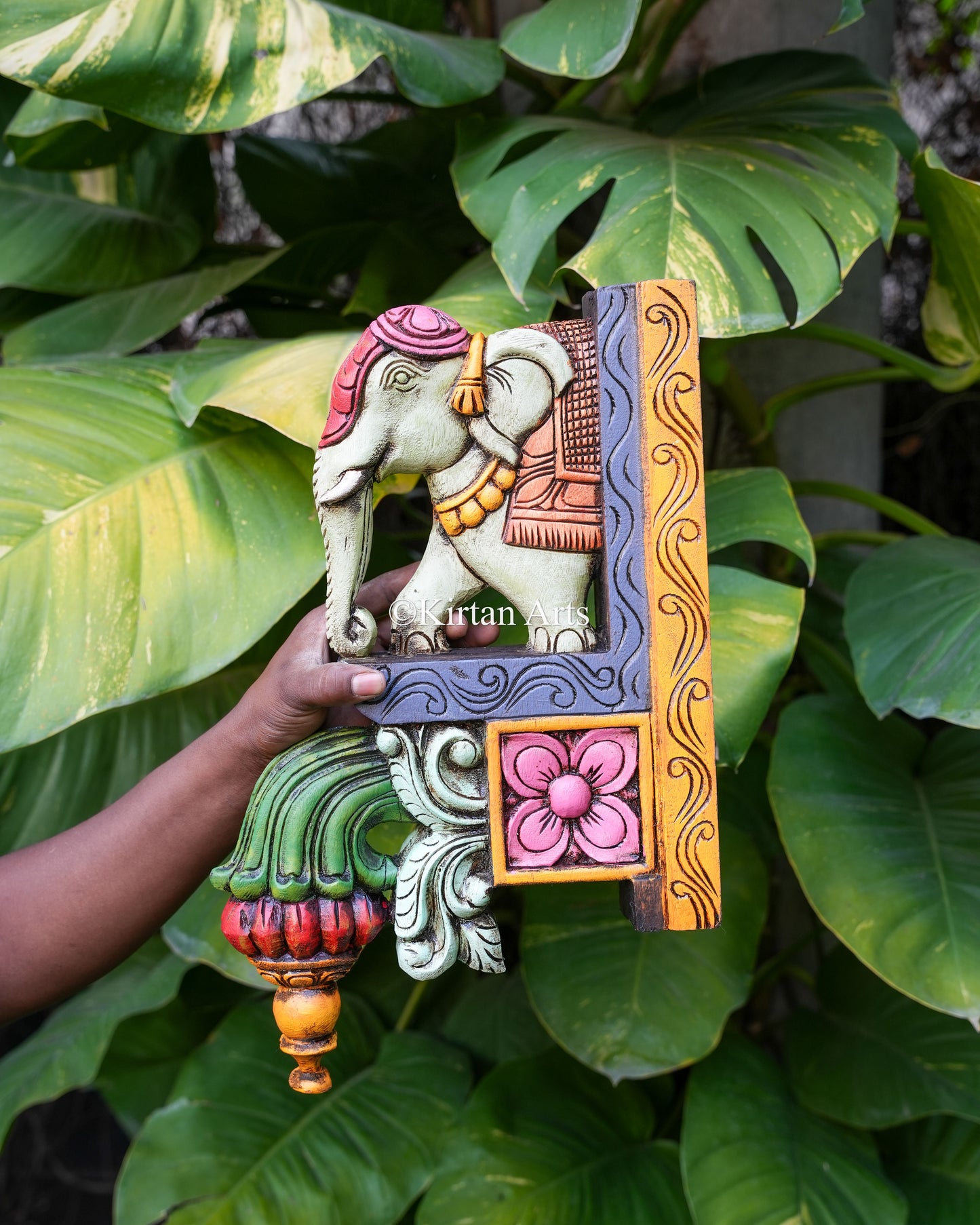 Hand-Carved Wooden Elephant Corbel Wall Bracket Pair | 18" Watercolor