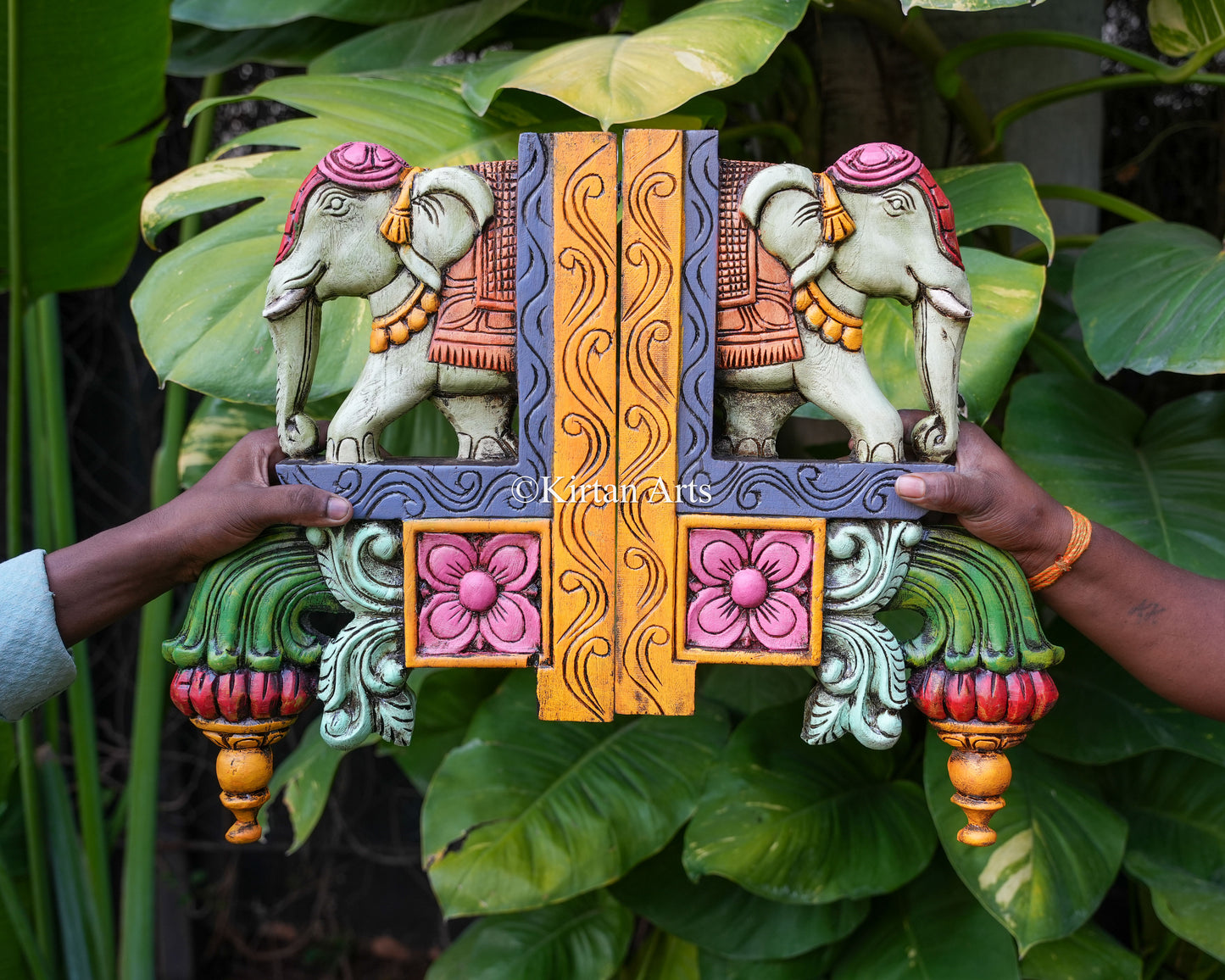 Hand-Carved Wooden Elephant Corbel Wall Bracket Pair | 18" Watercolor