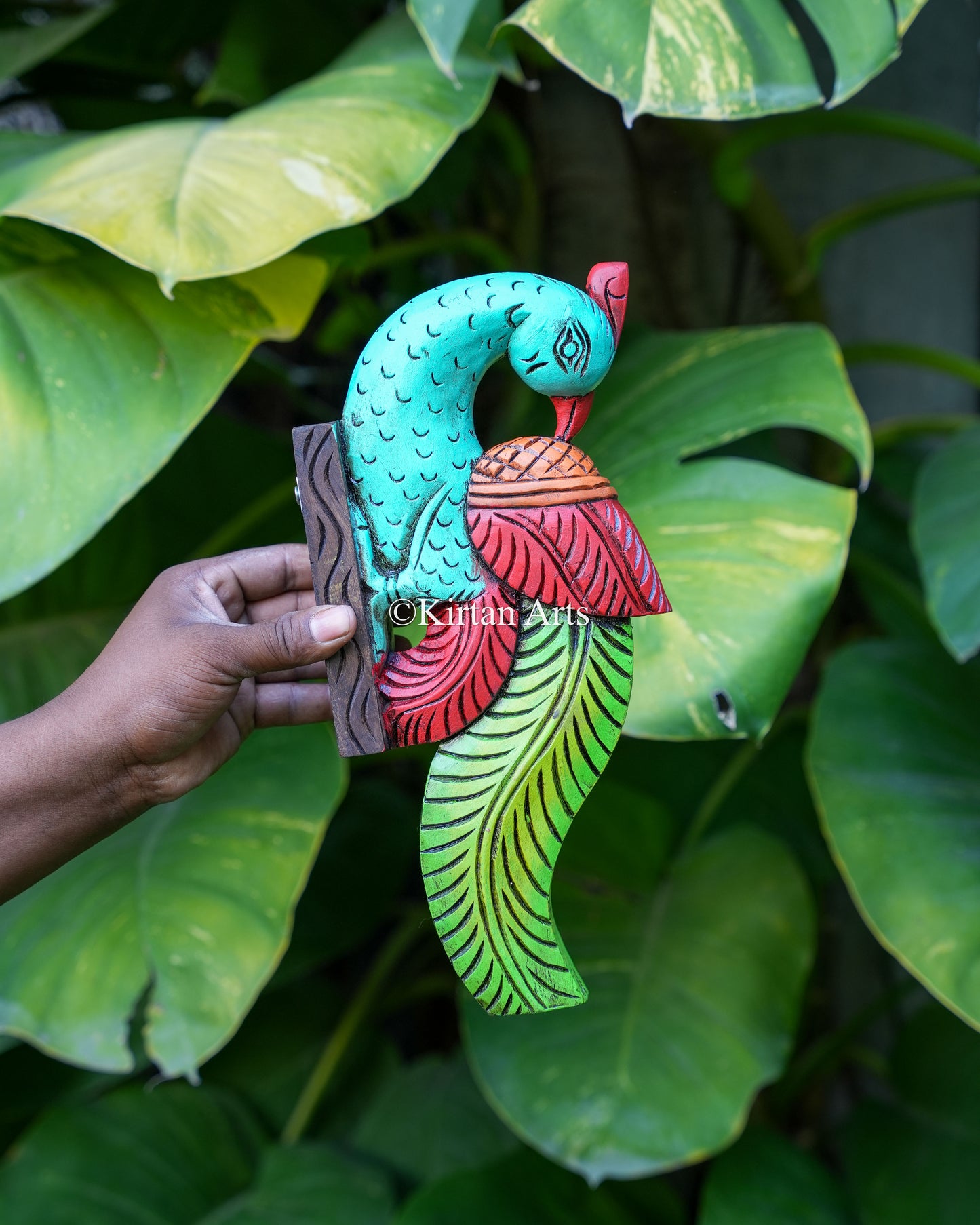 Hand-Carved Wooden Peacock Wall Accent Pair | 12"
