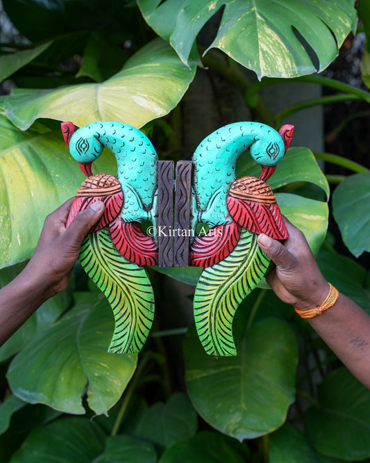 Hand-Carved Wooden Peacock Wall Accent Pair | 12"