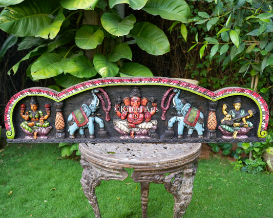 48" Hand-Carved "Divine Harmony" Wooden Wall Panel – Lakshmi, Ganesha & Saraswati with Elephant Motifs