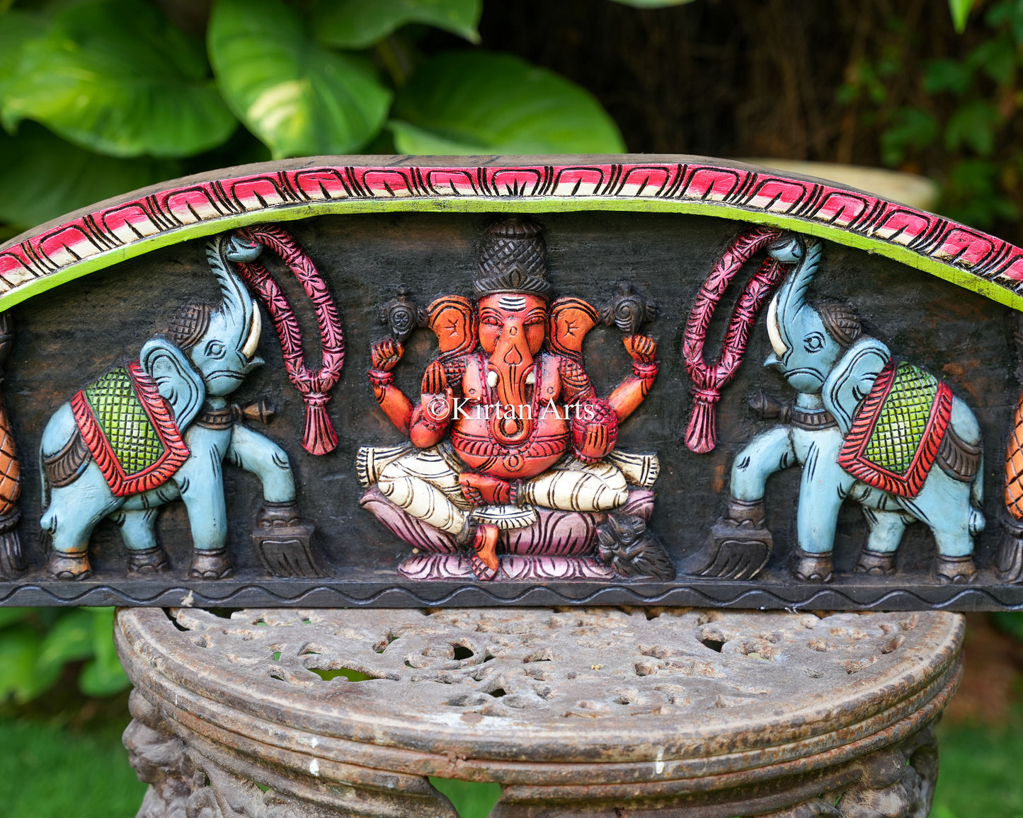 48" Hand-Carved "Divine Harmony" Wooden Wall Panel – Lakshmi, Ganesha & Saraswati with Elephant Motifs