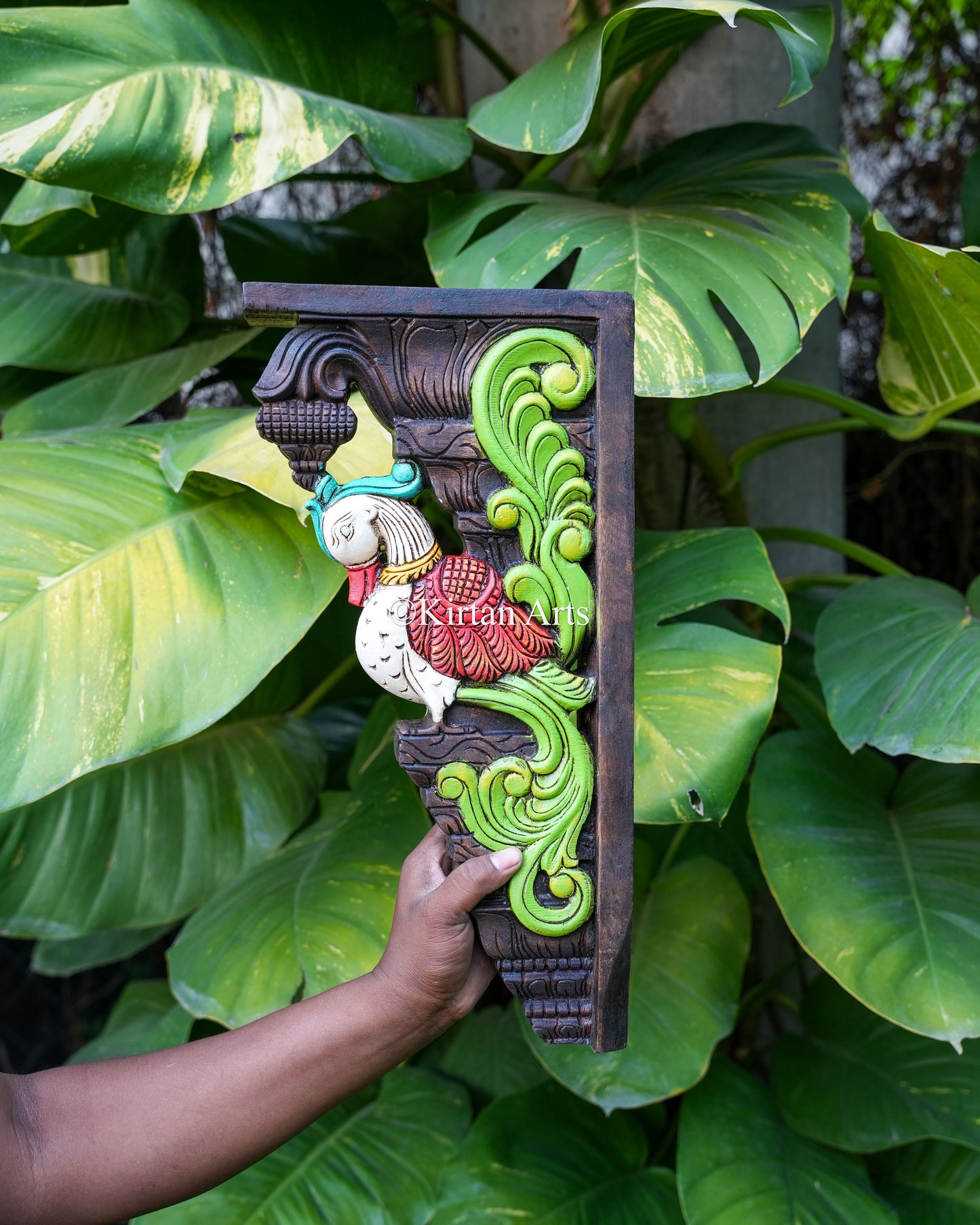 Hand-Carved Wooden Peacock Wall Bracket Pair | 18"