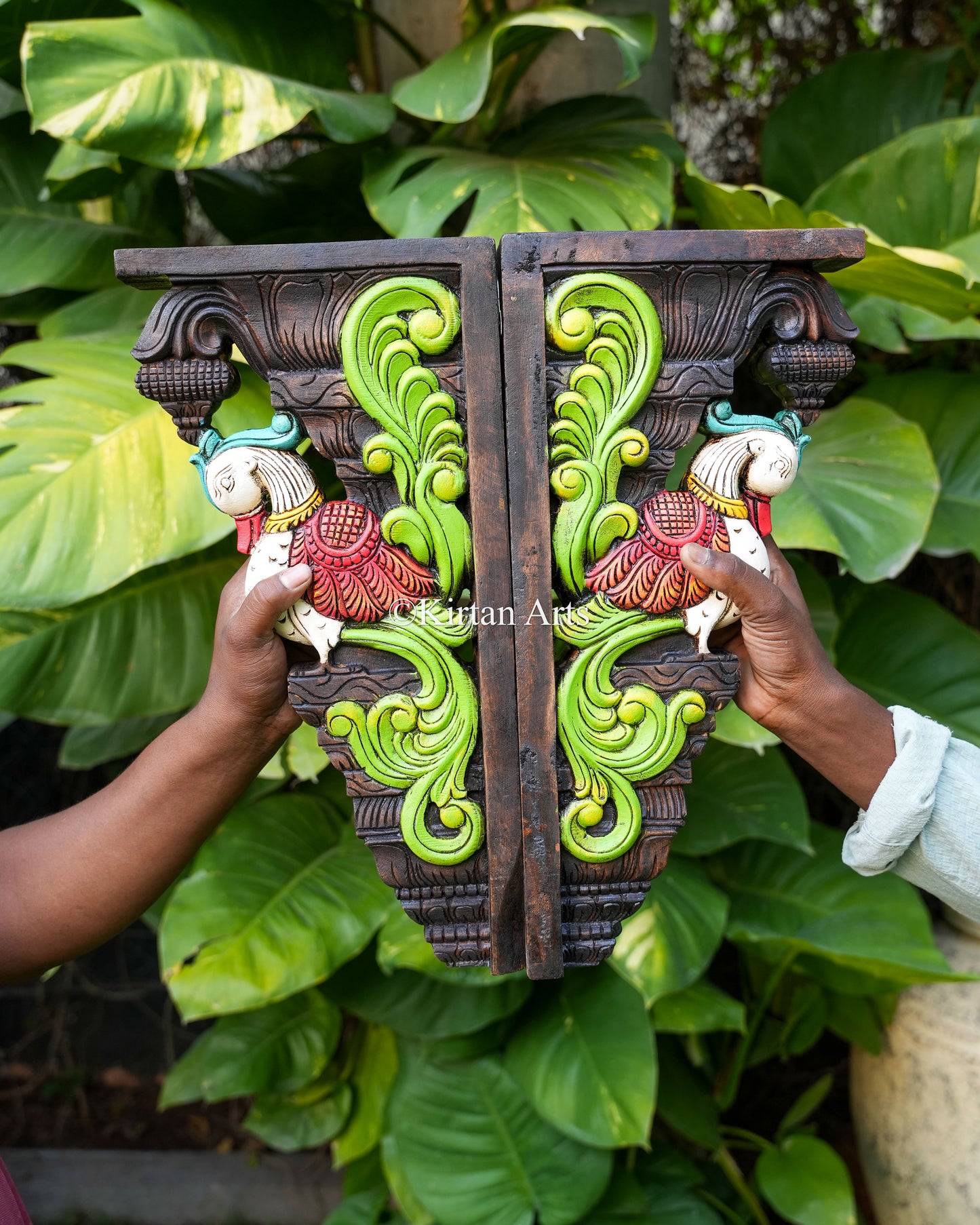 Hand-Carved Wooden Peacock Wall Bracket Pair | 18"