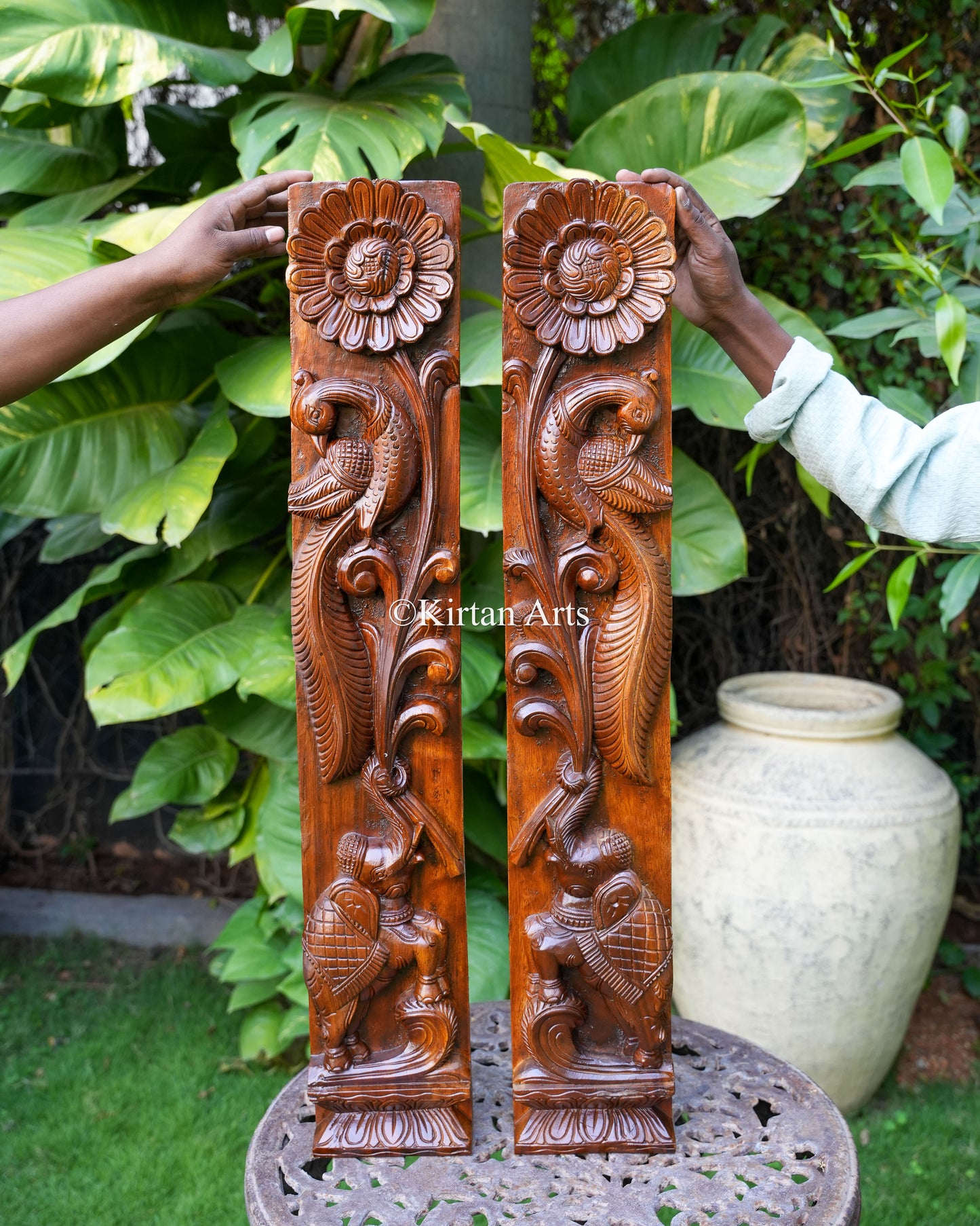 Hand-Carved Vertical Wood Panels (Elephant, Peacock, & Lotus) Pair | 36"