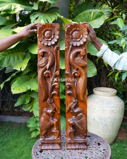 Hand-Carved Vertical Wood Panels (Elephant, Peacock, & Lotus) Pair | 36"