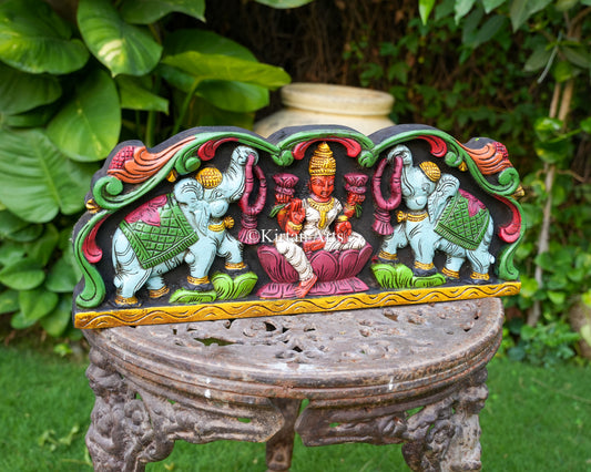 Hand-Carved Gajalakshmi Wooden Wall Panel | 24" | Watercolors