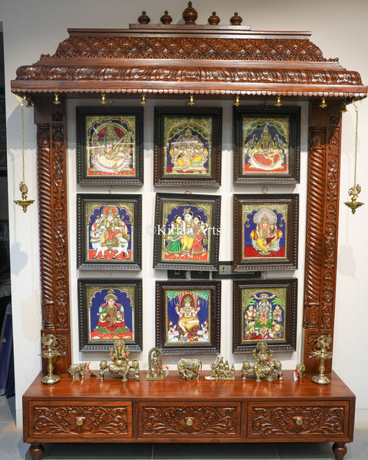 Teakwood Hand-Carved Wall Mandir | 84x60x13 Inches