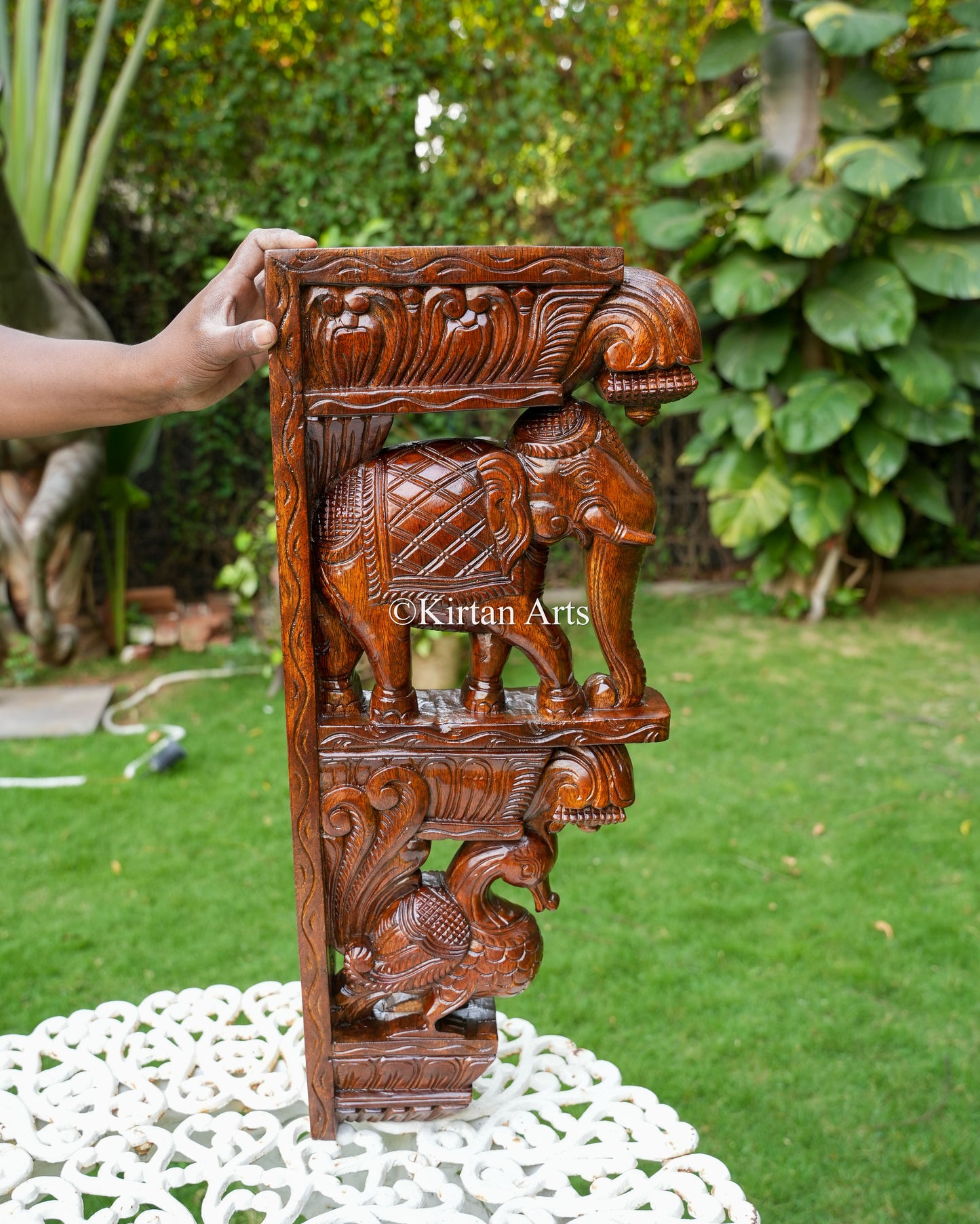 Hand-Carved Wooden Elephant & Peacock Wall Bracket (Corbel) Pair | 24"