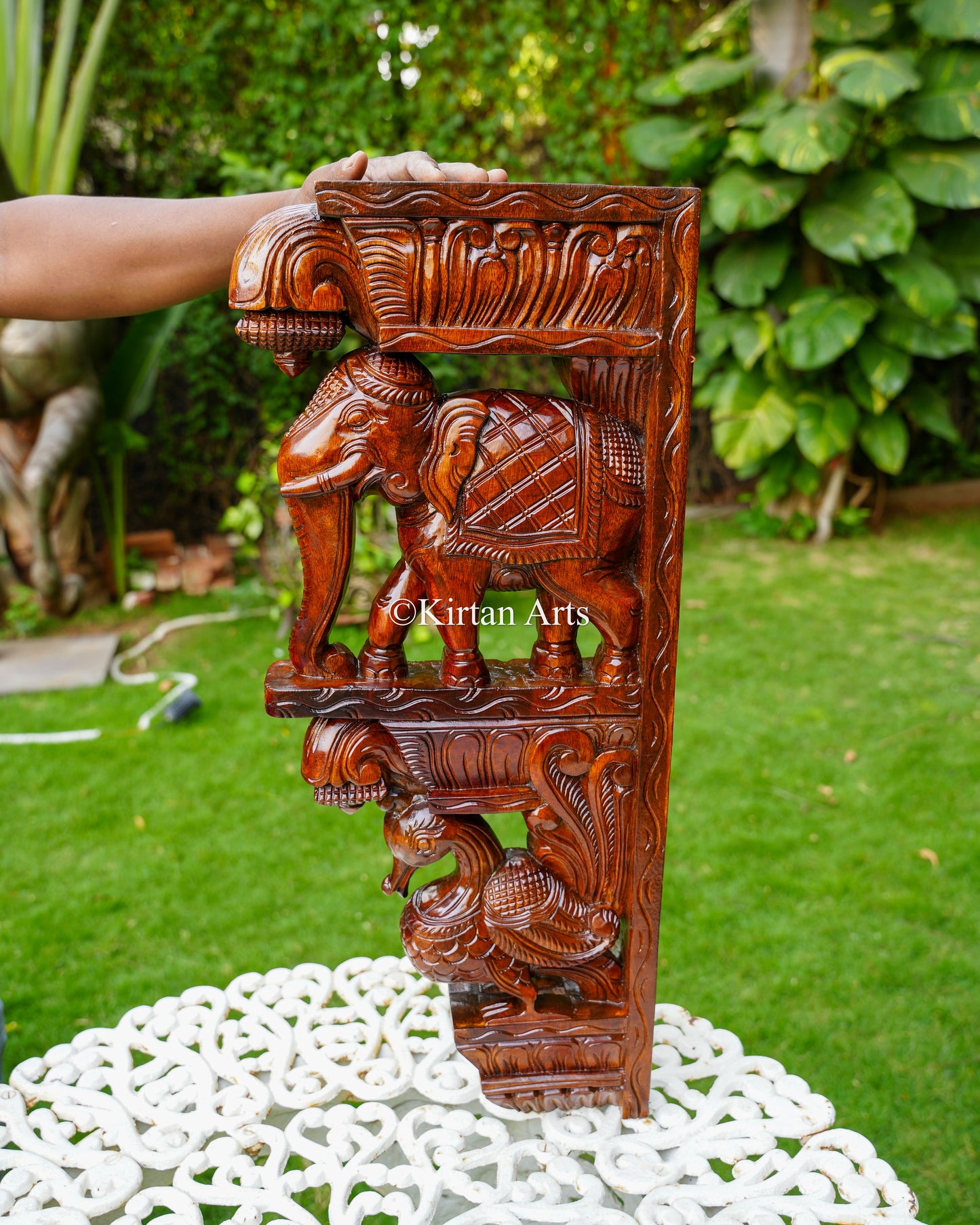 Hand-Carved Wooden Elephant & Peacock Wall Bracket (Corbel) Pair | 24"