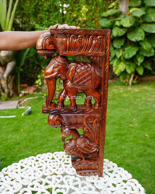 Hand-Carved Wooden Elephant & Peacock Wall Bracket (Corbel) Pair | 24"