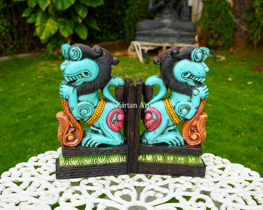 Hand-Carved Wooden Yali (Guardian Lion) Wall Bracket Pair | 15" | Blue | Watercolors