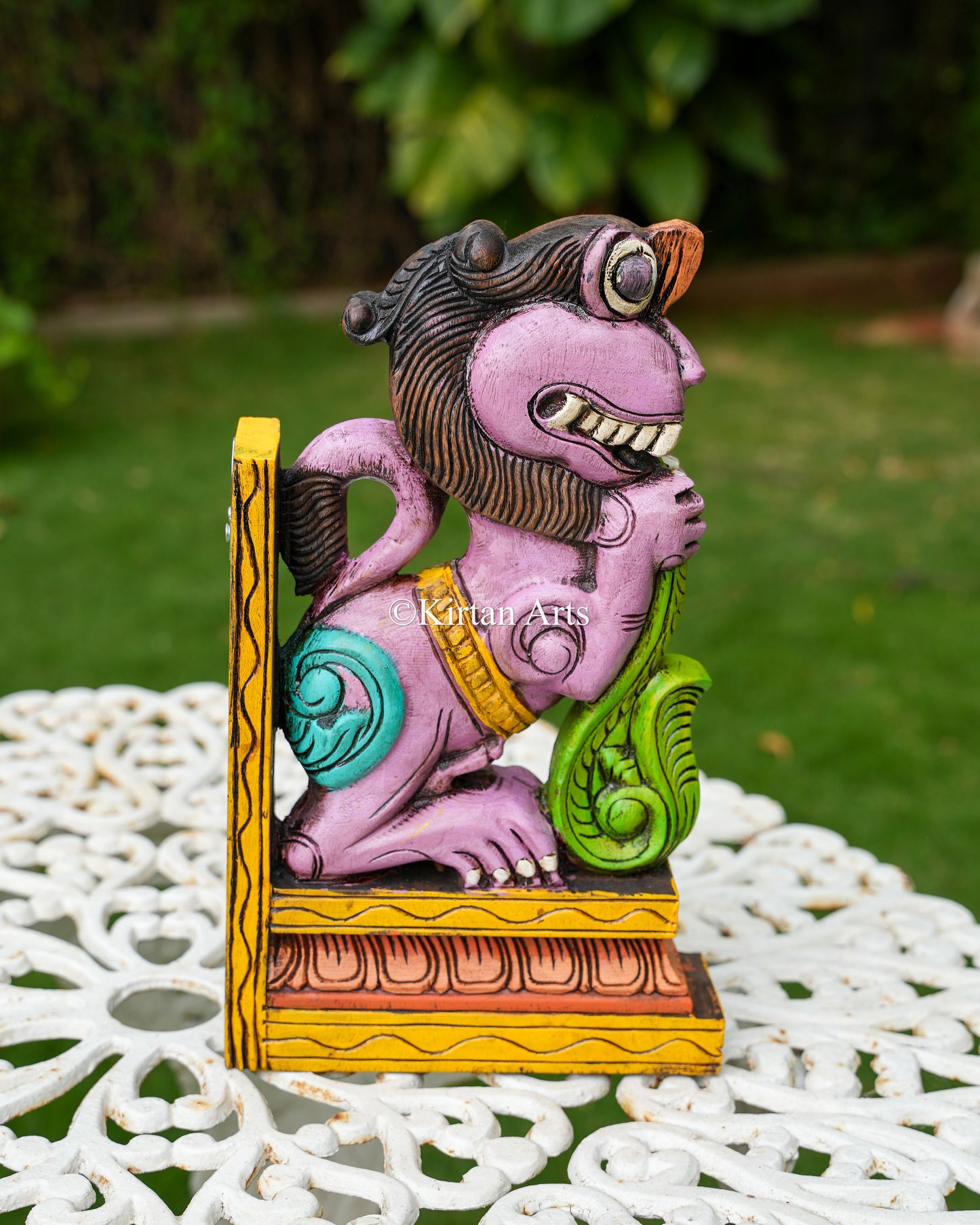 Hand-Carved Wooden Yali (Guardian Lion) Wall Bracket Pair | 15" | Purple | Watercolors