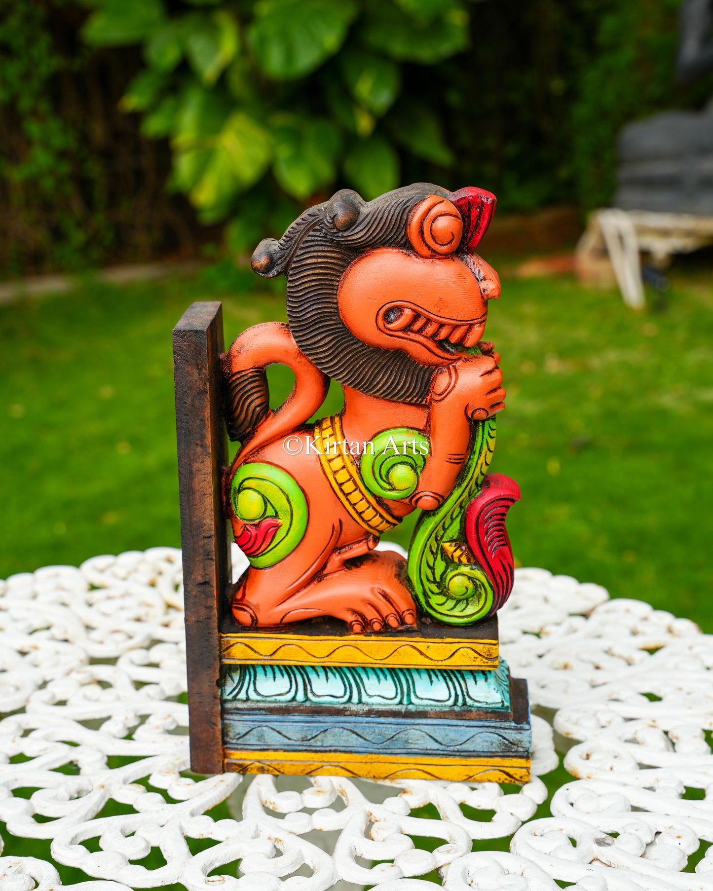 Hand-Carved Wooden Yali (Guardian Lion) Wall Bracket Pair | 15" | Red/Orange | Watercolors
