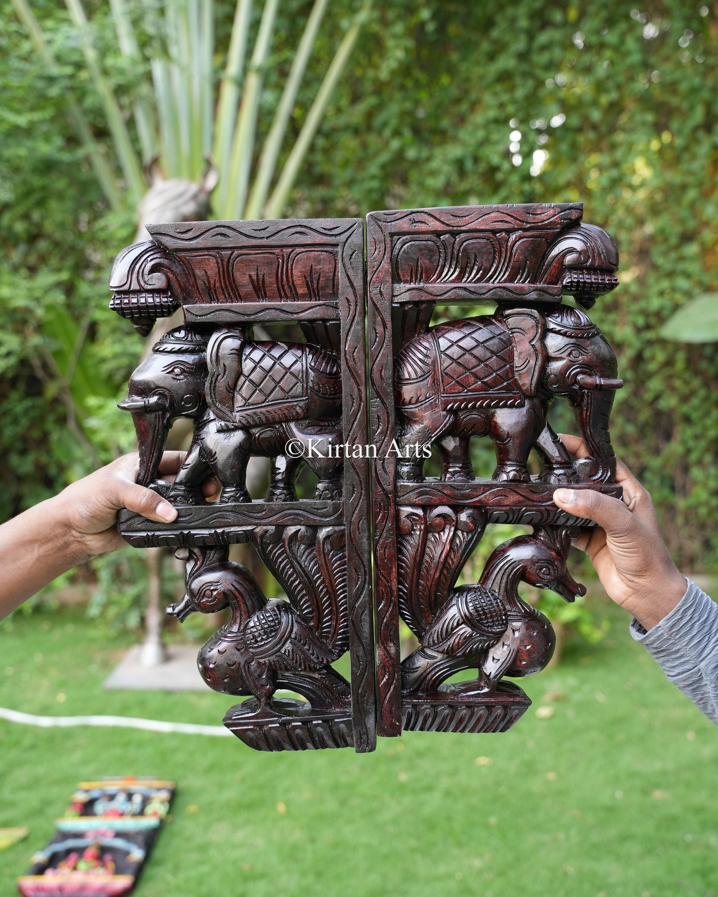 18" Elephant Annapakshi Traditional Chettinad Hand Carved Wall Bracket Pair