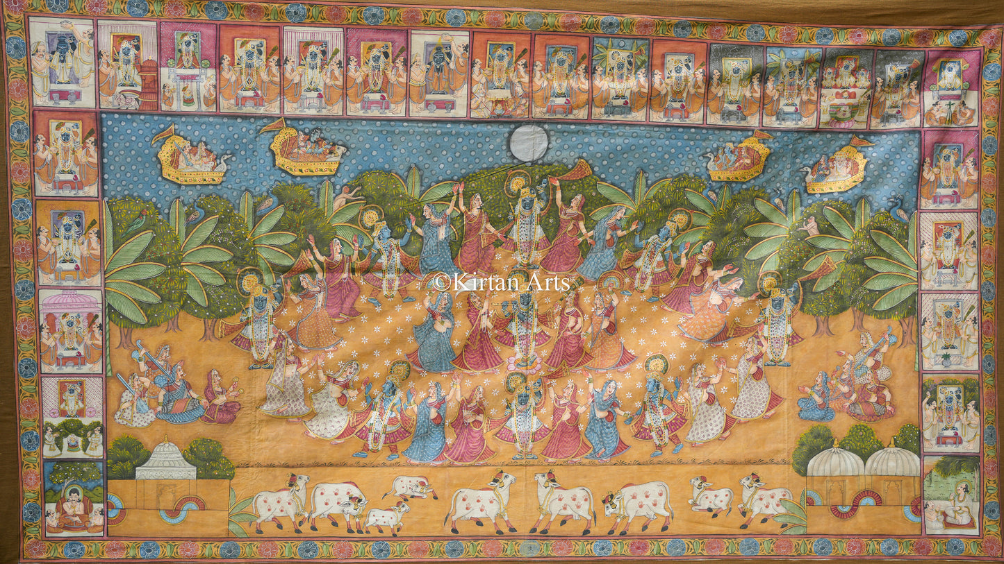Grand 7ft x 4ft Maha-Rasleela Pichwai – Antique Heritage Finish