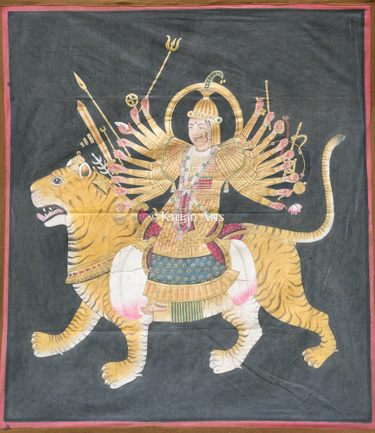 Large Hand-Painted Goddess Durga on Tiger – Traditional Folk Art Scroll | Antique Finish | 4.5x3.5 ft