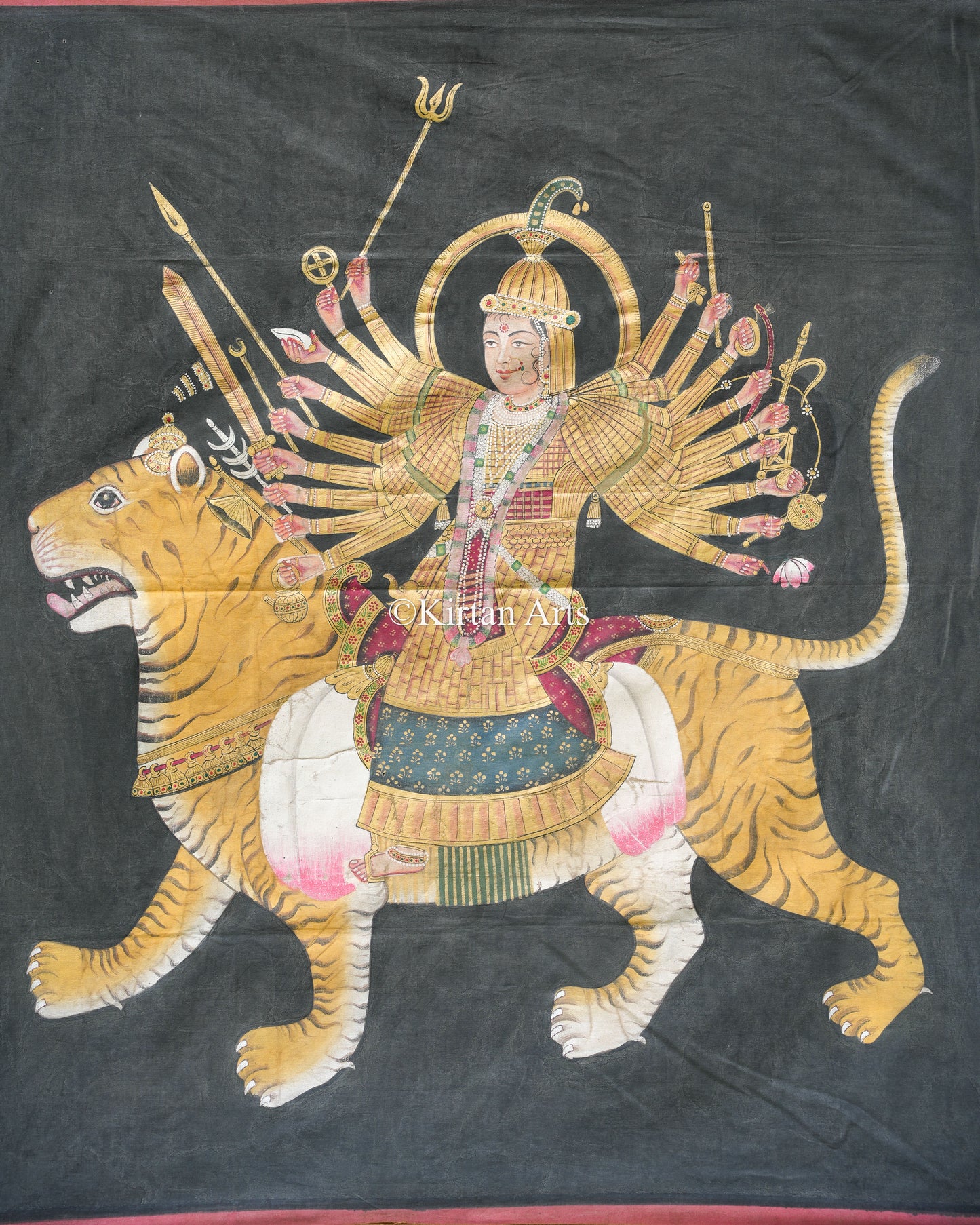Large Hand-Painted Goddess Durga on Tiger – Traditional Folk Art Scroll | Antique Finish | 4.5x3.5 ft