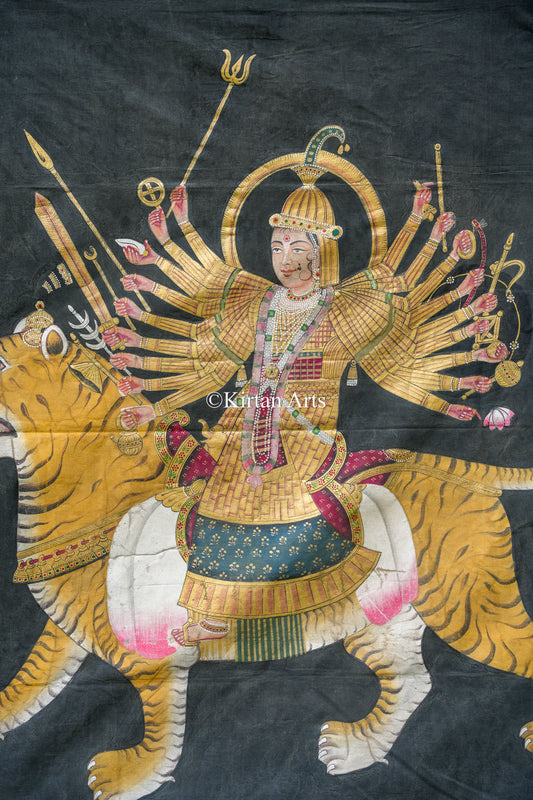 Large Hand-Painted Goddess Durga on Tiger – Traditional Folk Art Scroll | Antique Finish | 4.5x3.5 ft
