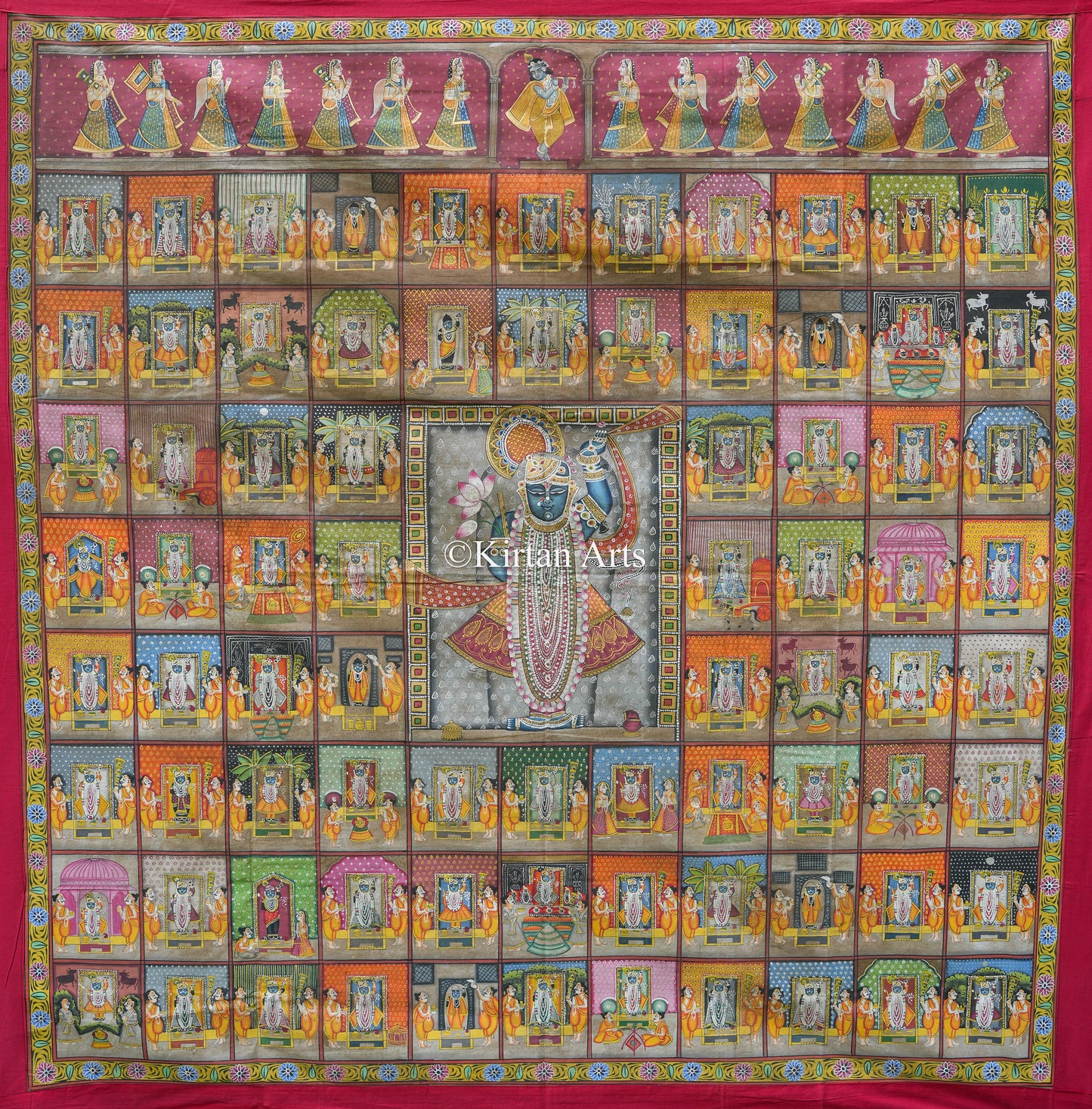 Grand 5ft x 5ft Pichwai – Shrinathji with 84 Divine Khandas (Segments) | Antique Finish