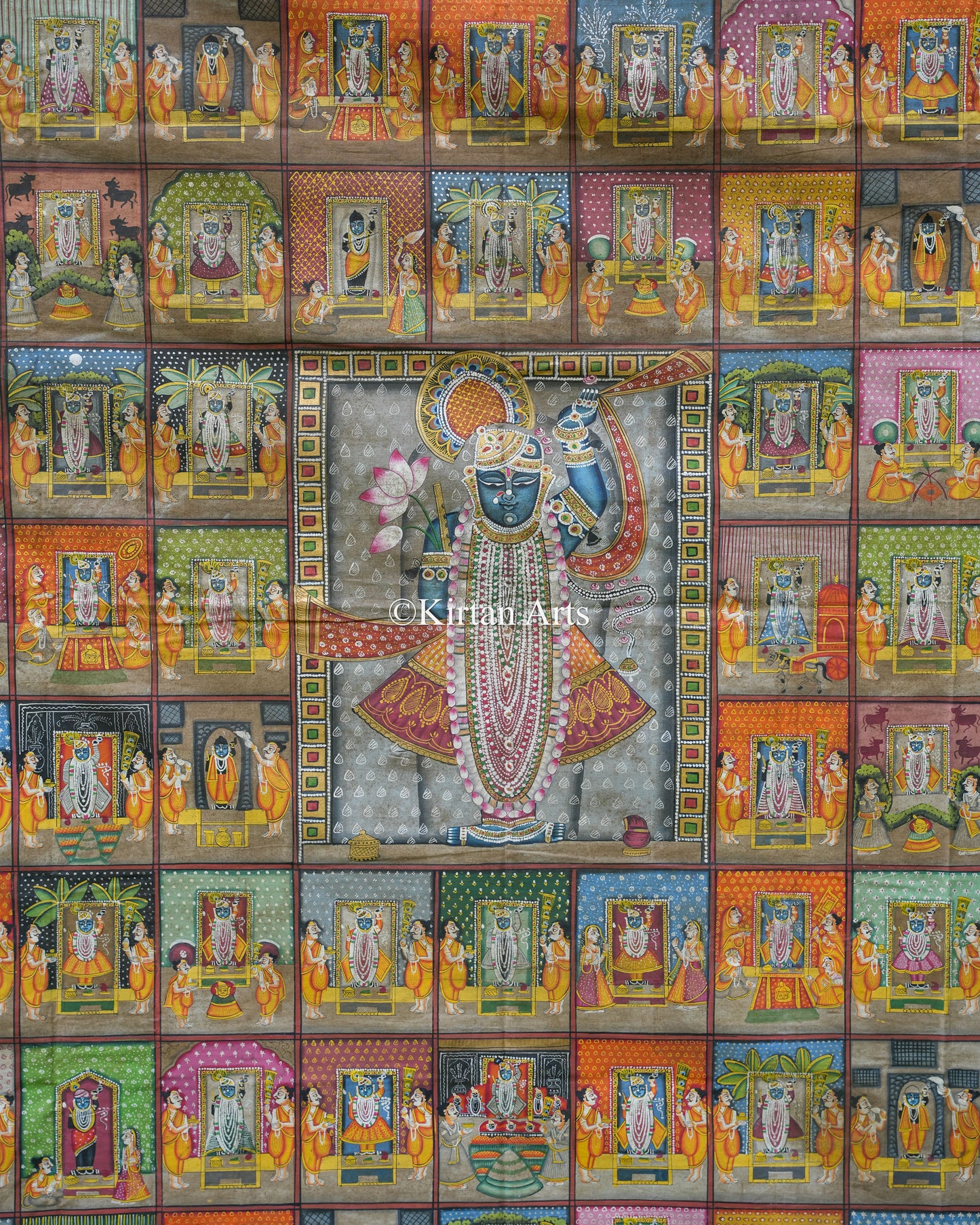 Grand 5ft x 5ft Pichwai – Shrinathji with 84 Divine Khandas (Segments) | Antique Finish