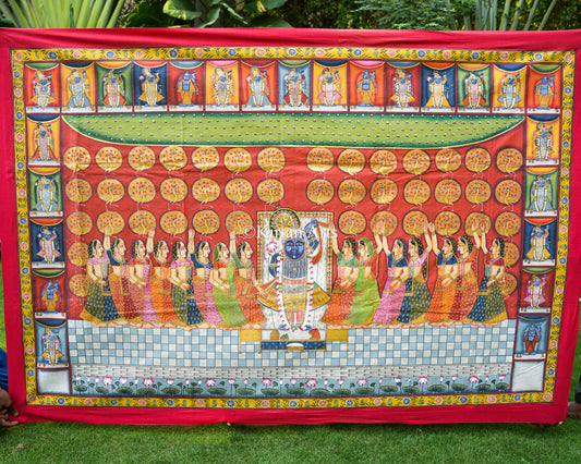 Grand 6ft x 4ft Shrinathji Raas Leela Pichwai – Hand-Painted Heritage Textile