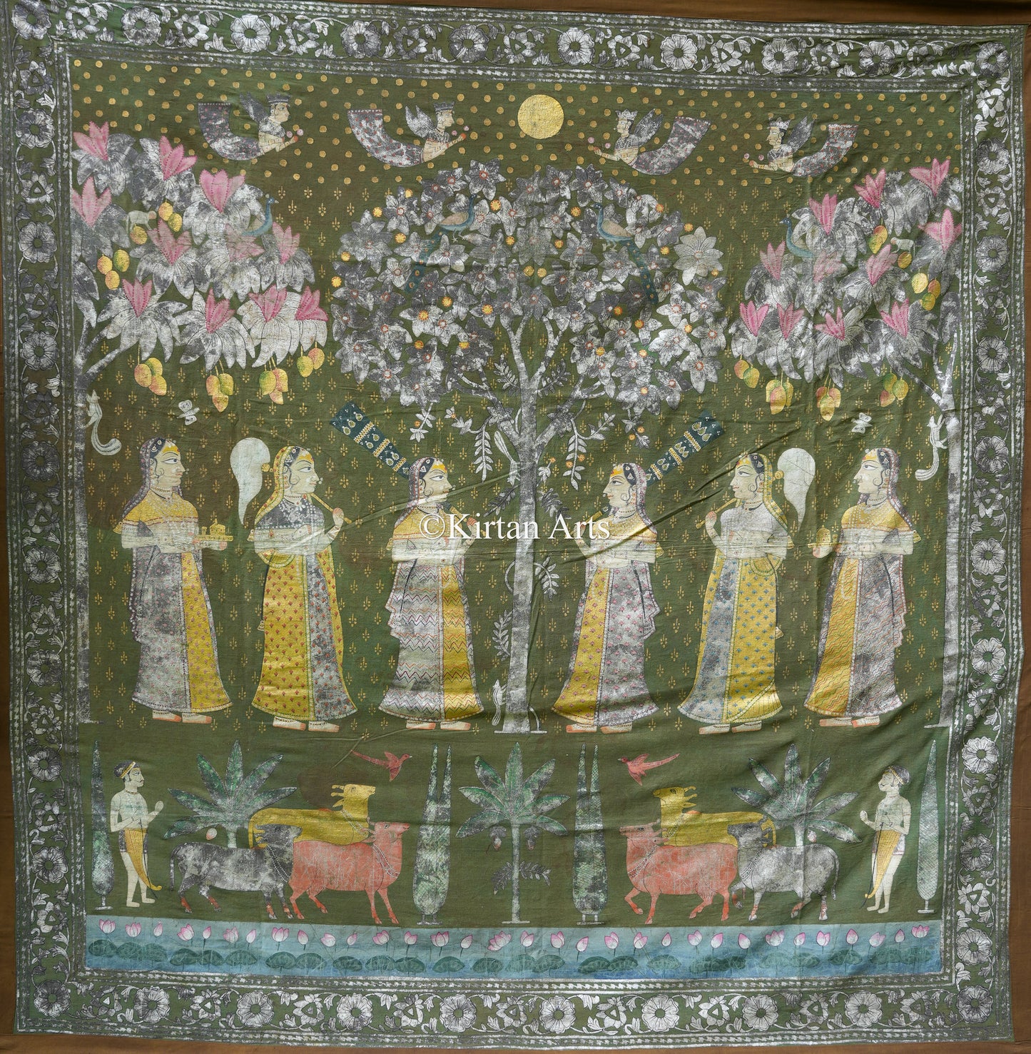 Grand 7ft x 7ft Deccan Antique Pichwai – Original Silver Leaf Bhavmandal Masterpiece