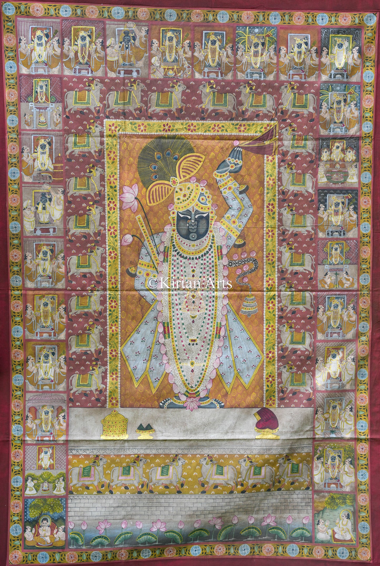 Grand 6ft x 4ft Antique-Finish Pichwai – Shrinathji with 24 Seasonal Shringars