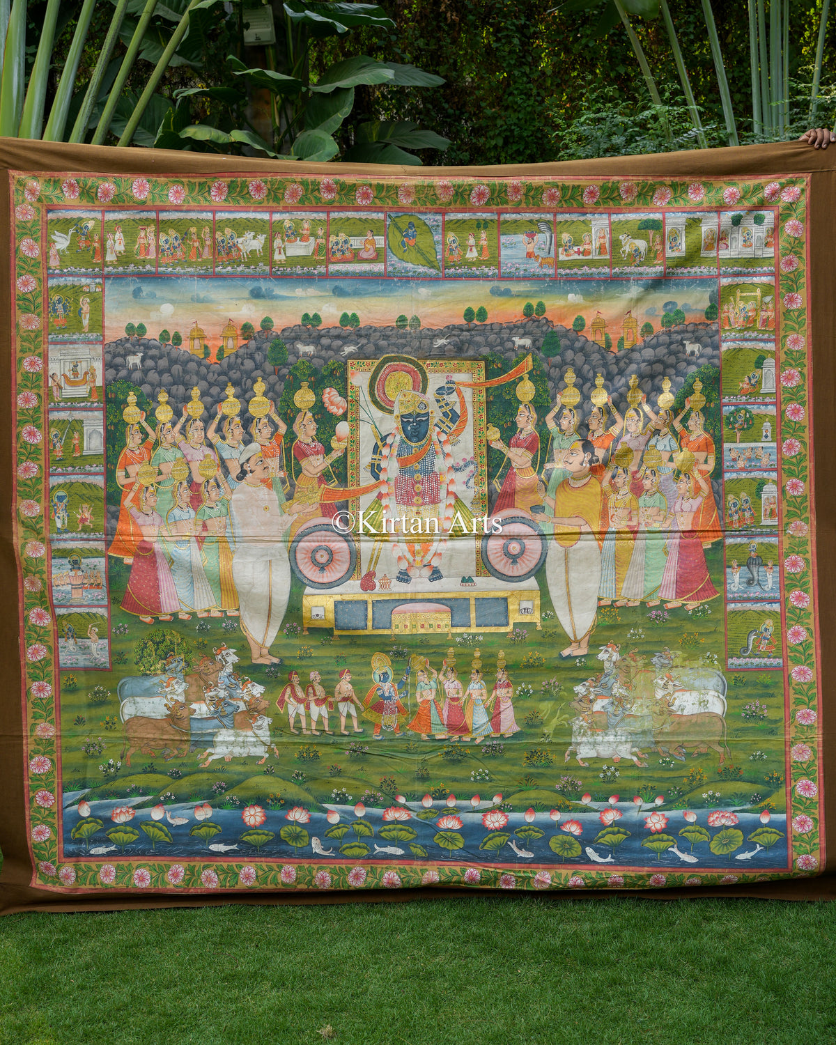 Grand 7ft x 6.5ft Antique-Finish Pichwai – Shrinathji Sharad Purnima & 24 Narrative Leelas