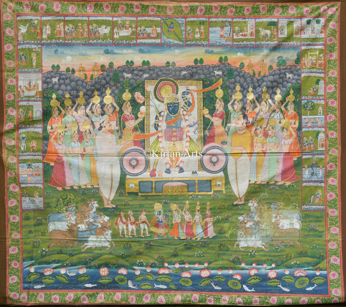 Grand 7ft x 6.5ft Antique-Finish Pichwai – Shrinathji Sharad Purnima & 24 Narrative Leelas