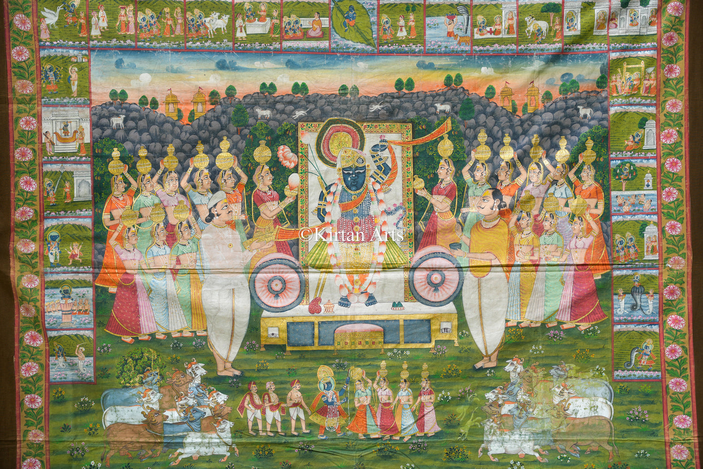 Grand 7ft x 6.5ft Antique-Finish Pichwai – Shrinathji Sharad Purnima & 24 Narrative Leelas
