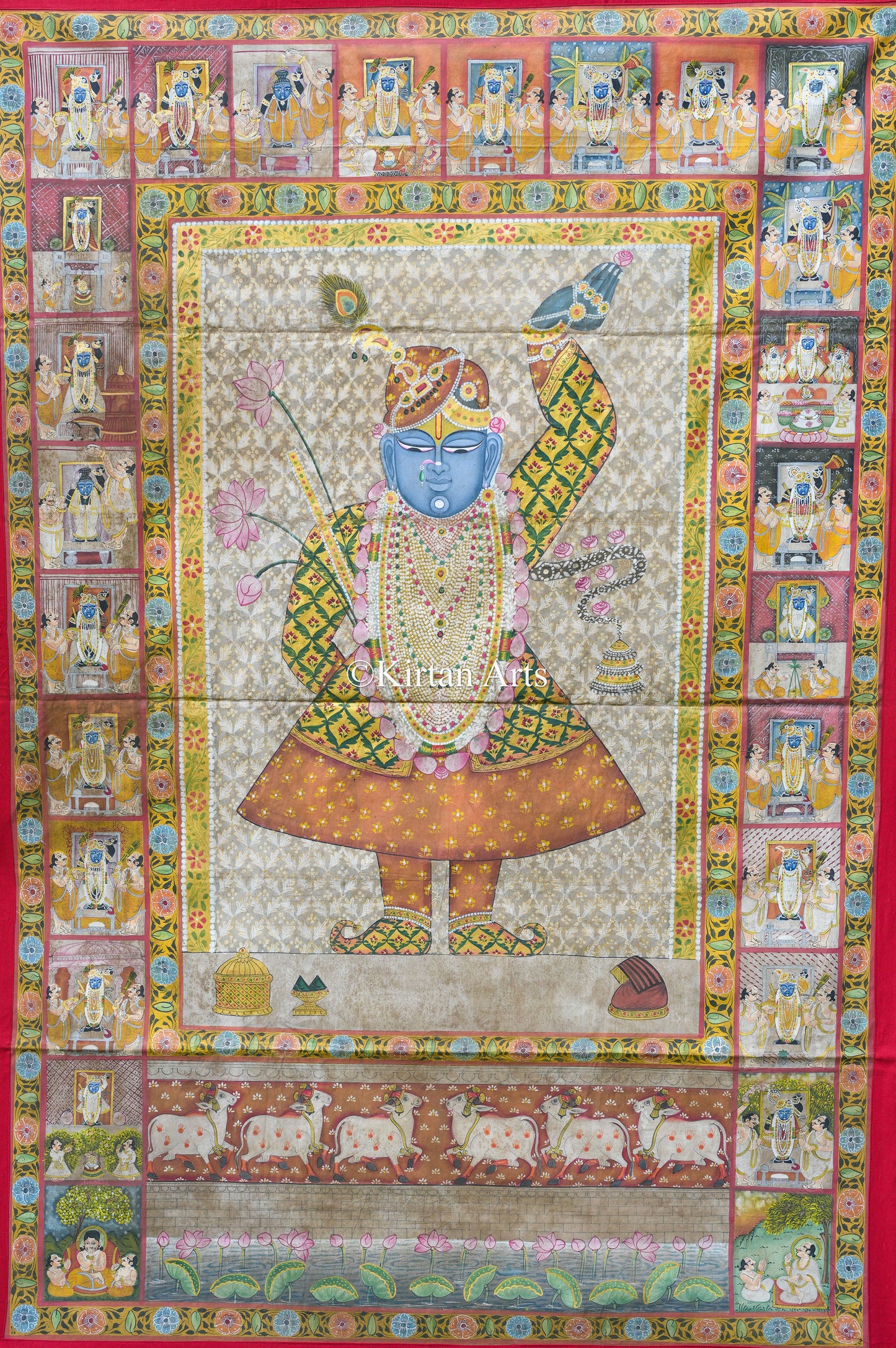 Handcrafted Shrinathi Pichwai Art | 6x4 ft | Antique Finish