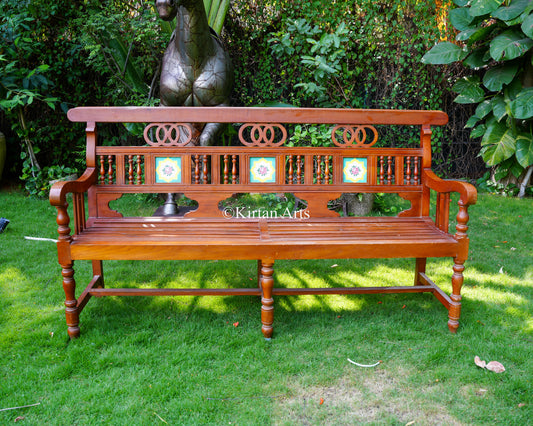Antique Chettinad Teakwood Bench – 80-Inch Handcrafted Traditional Bench with Hand-Painted Ceramic Tiles and Spindle Backrest