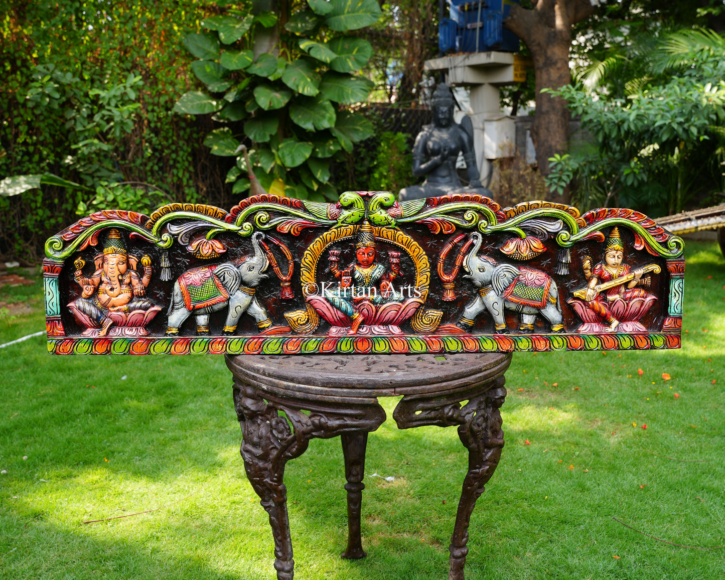 Hand-Carved Solid Wood Gaja Lakshmi Panel with Ganesha & Saraswati – 48-Inch Traditional Wall Pediment Art