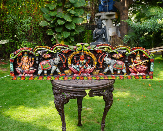 Hand-Carved Solid Wood Gaja Lakshmi Panel with Ganesha & Saraswati – 48-Inch Traditional Wall Pediment Art