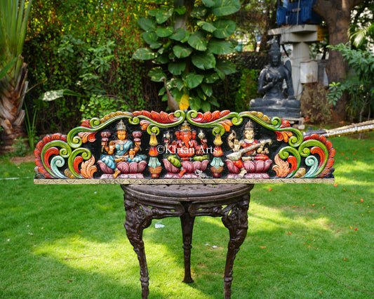 Hand-Carved Solid Wood Lakshmi, Ganesha, and Saraswati Panel – 48-Inch Traditional Wall Pediment Art