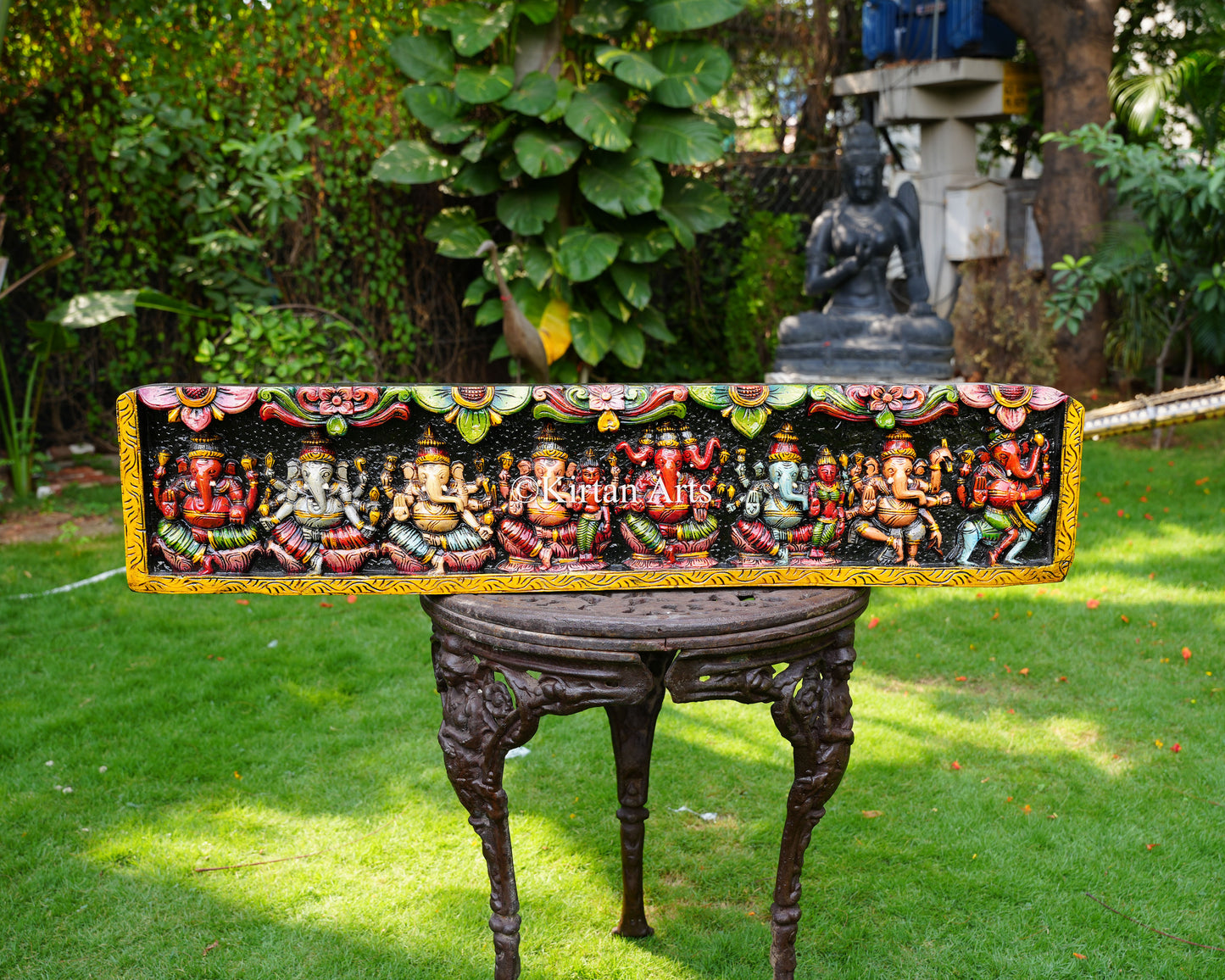 Hand-Carved Solid Wood Ashta Ganesha Panel – 48-Inch Traditional Wall Pediment Art Featuring 8 Manifestations of Lord Ganesha