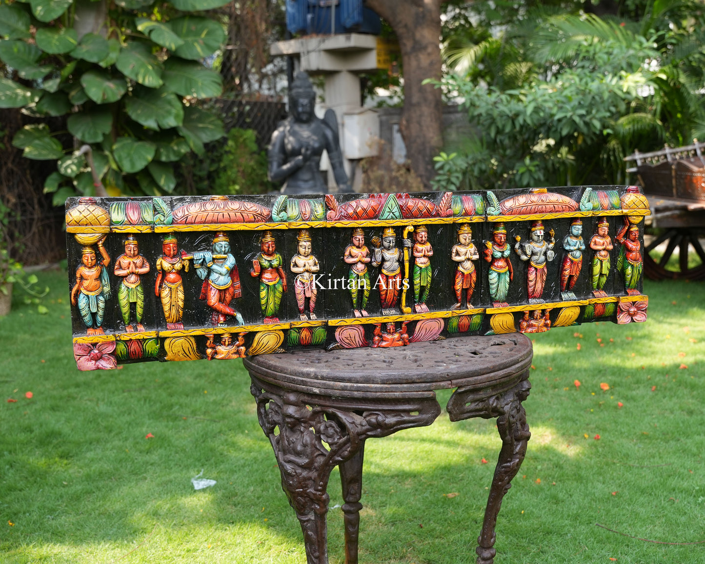 Hand-Carved Solid Wood Divine Leela Panel – 48-Inch Traditional Wall Pediment Featuring Krishna, Rama, and Venkateswara Swamy