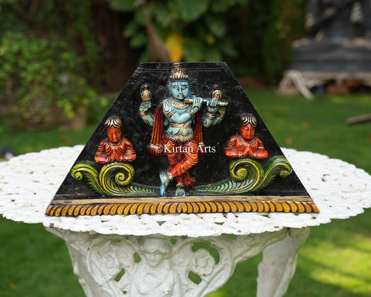 Hand-Carved Solid Wood Chaturbhuja Venugopala Panel – 18-Inch Traditional Triangular Wall Art