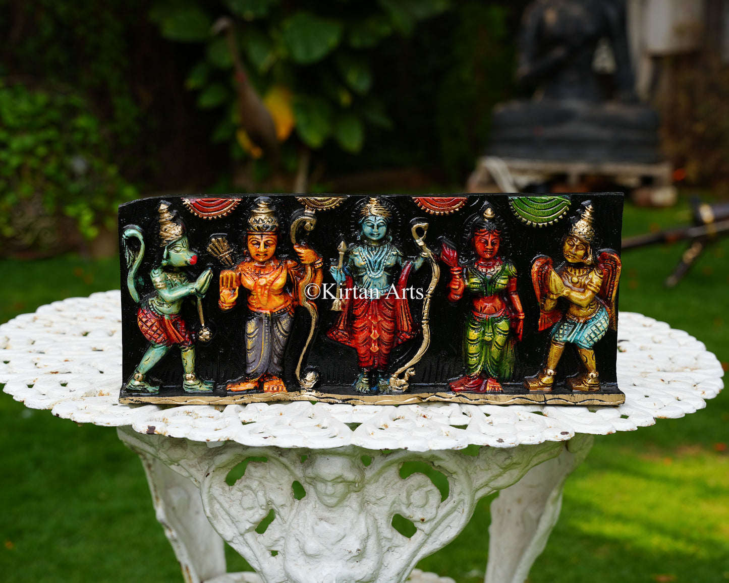 Hand-Carved Solid Wood Ram Darbar Panel – 18-Inch Traditional Wall Art Featuring Rama, Sita, Lakshmana, Hanuman, and Garuda
