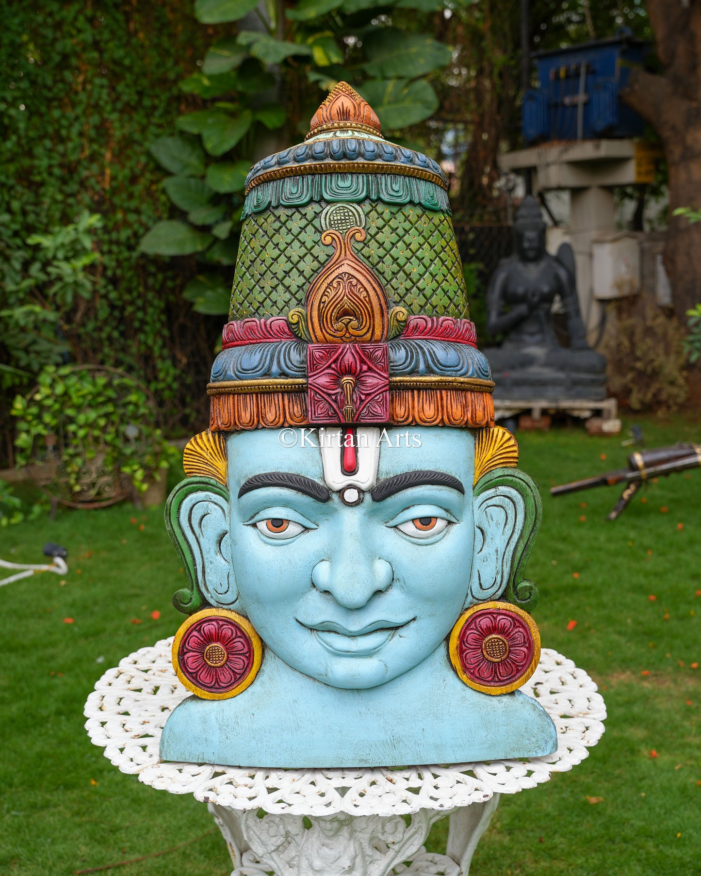Large Hand-Carved Wood Lord Venkateswara Face Panel – 36-Inch Traditional South Indian Balaji Mukhalingam Wall Art