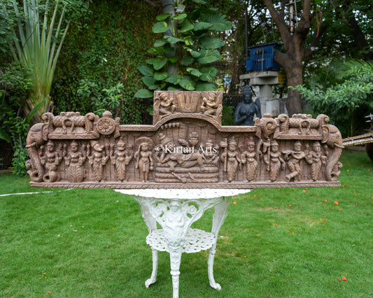 Hand-Carved Wood Dasavatar Panel – 60-Inch Epic South Indian Architectural Lintel featuring Lord Padmanabha and the Ten Incarnations