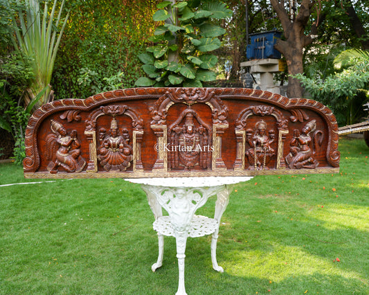 Hand-Carved Wood Tirupati Balaji Panel – 60-Inch Epic South Indian Architectural Pediment featuring Lord Venkateswara, Sridevi, Bhudevi, Garuda, and Hanuman