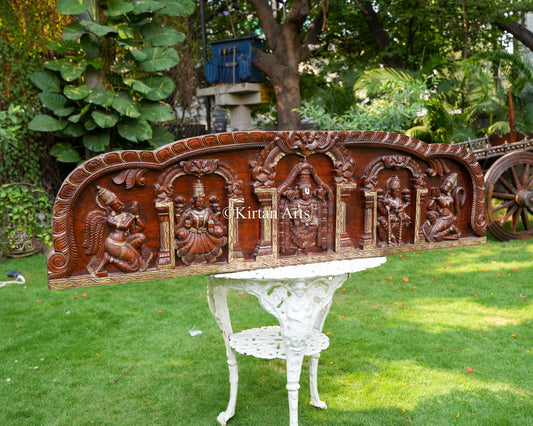 Hand-Carved Wood Tirupati Balaji Panel – 60-Inch Epic South Indian Architectural Pediment featuring Lord Venkateswara, Sridevi, Bhudevi, Garuda, and Hanuman