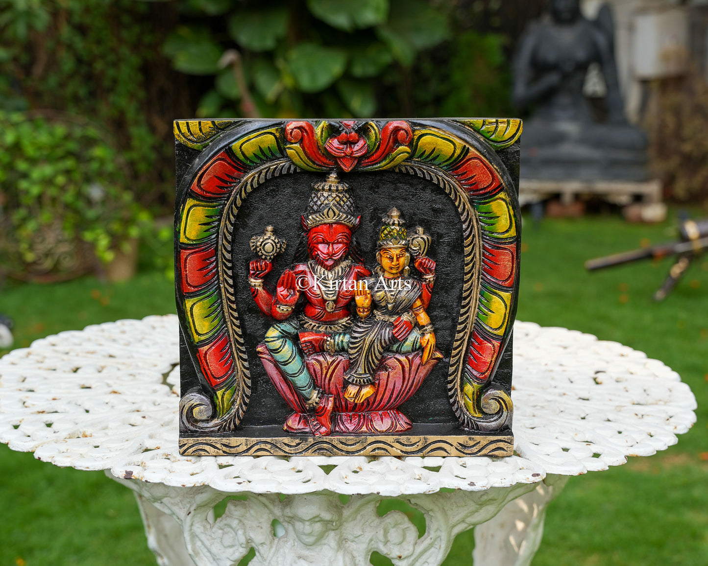 Hand-Carved Solid Wood Lakshmi Narasimha Panel | 12"x12"