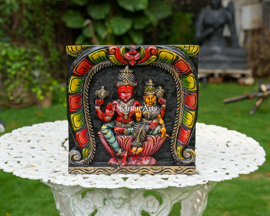 Hand-Carved Solid Wood Lakshmi Narasimha Panel | 12"x12"