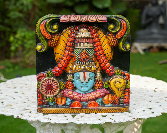 Hand-Carved Solid Wood Lord Venkateswara Face Panel – 12x12 Inch